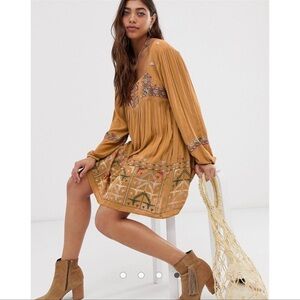 Free People Rhiannon embroidered Long Sleeve Open Back mini dress